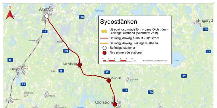 Karta över sträckan Älmhult-Olofström-Blekinge Kustbana
