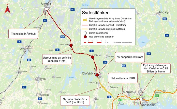 Karta över sträckan Älmhult-Olofström-Blekinge Kustbana