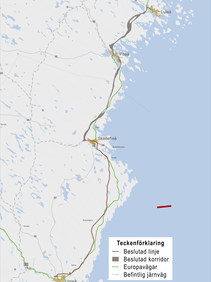 Förslaget till bana går mellan Umeå-Luleå