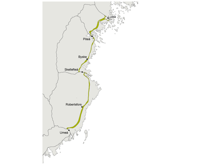 Förslaget till bana går mellan Umeå-Luleå
