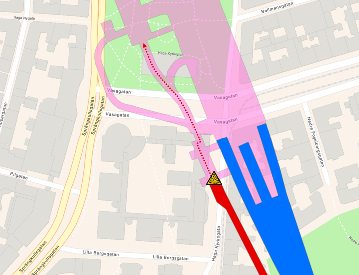 Karta med sprängmarkering vid Haga Kyrkogata och Vasagatan
