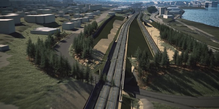 Animerad bild som visar dubbelspåret i höjd med Björneborgsgatan och vidare in mot Sundsvall C. Området Skönsmon på södra sidan spåren och Sundsvallsfjärden skymtar på norra sidan.