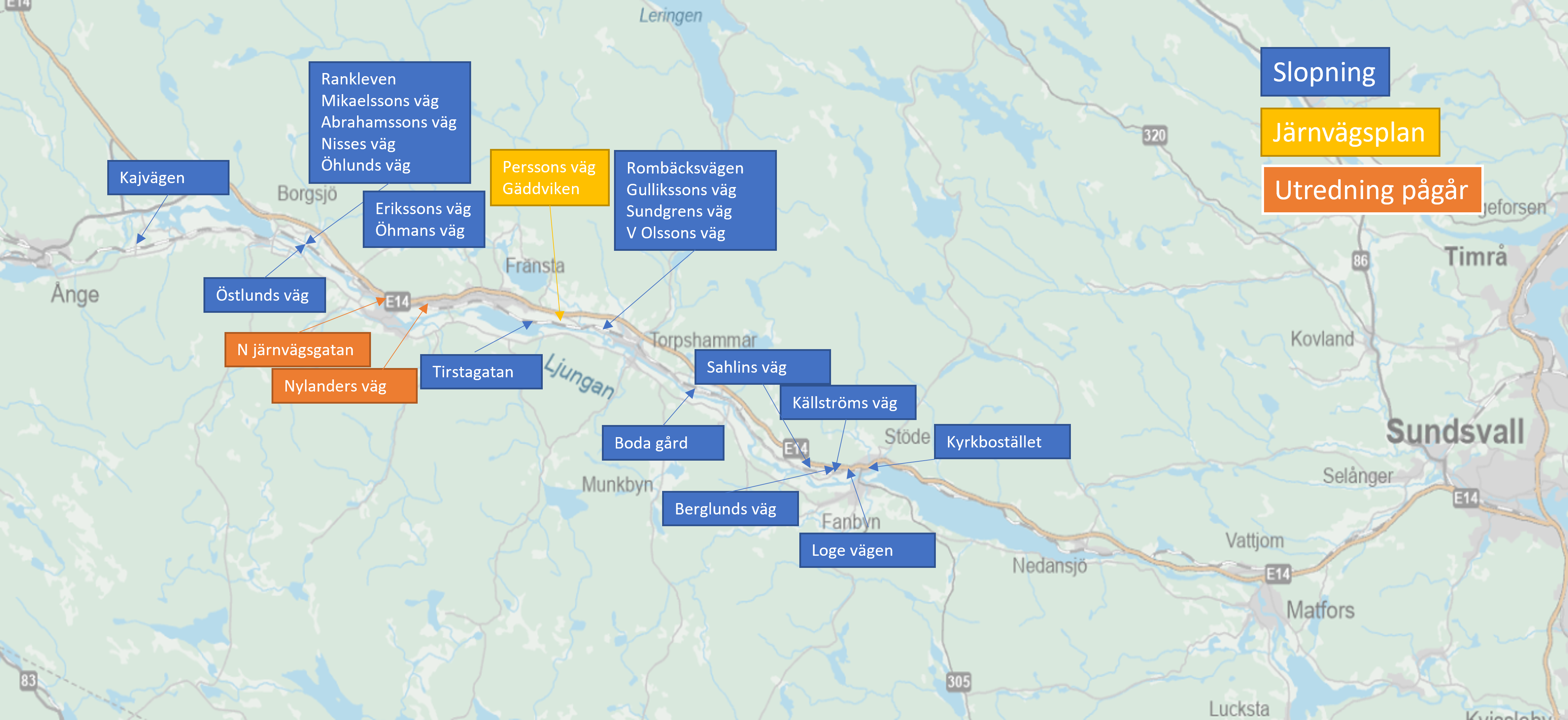 Karta som visar E14 och Mittbanan mellan Ånge och Sundsvall samt vilka järnvägsövergångar som ska slopas och vilka som utreds.