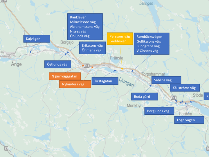 Karta som visar E14 och Mittbanan mellan Ånge och Sundsvall samt vilka järnvägsövergångar som ska slopas och vilka som utreds.