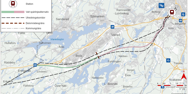 Karta över spårlinjealternativ Grön och Röd