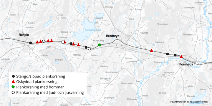 Kartan markerar de plankorsningar som vi utreder i projektet.