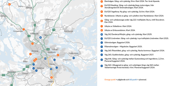 Karta över cykelsatsningar i Stockholm.