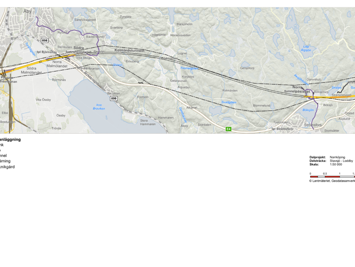 Kartan visar Ostlänkens sträckning mellan Stavsjö och Loddby.