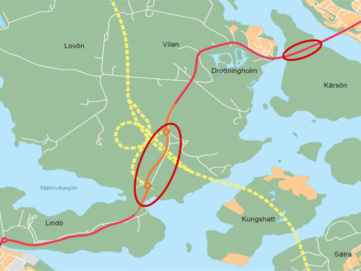 En karta över Ekerö med markeringar där vi spränger och var E4 Förbifart Stockholm kommer att gå.