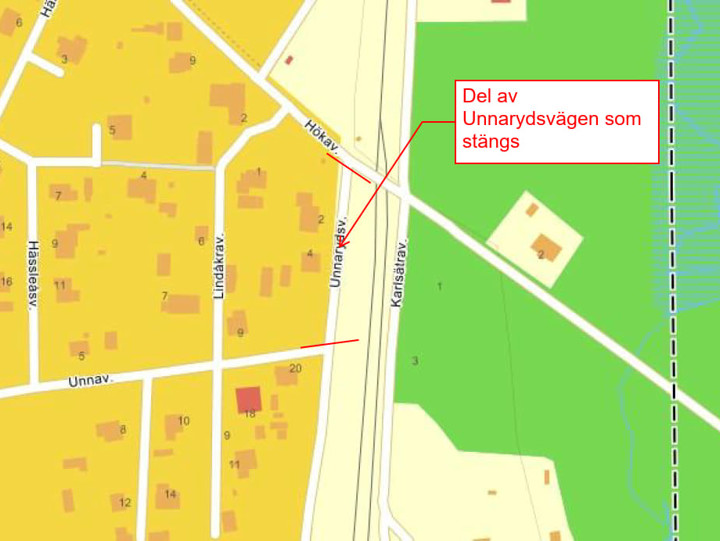 Karta som visar var Unnarydsvägen är avstängd.