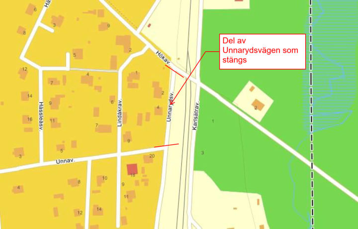 Karta som visar var Unnarydsvägen är avstängd.