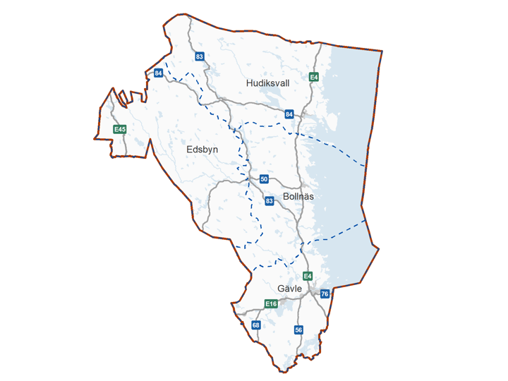 Kartbild över Gävleborgs fyra driftområden