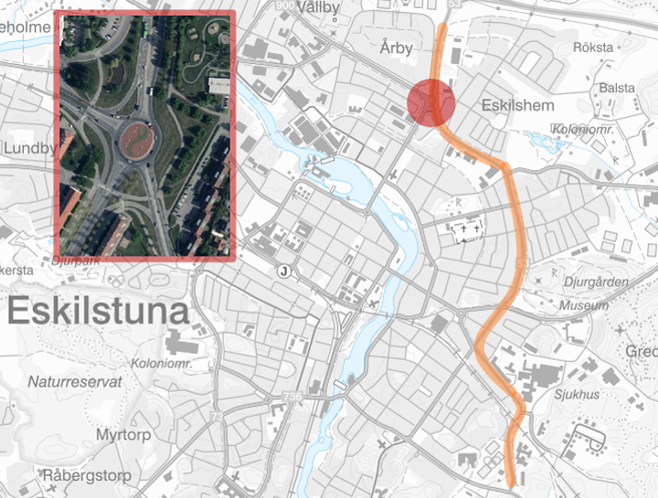 Bilden visar cirkulationsplats Idunplan och dess lokalisering på väg 53 i Eskilstuna.