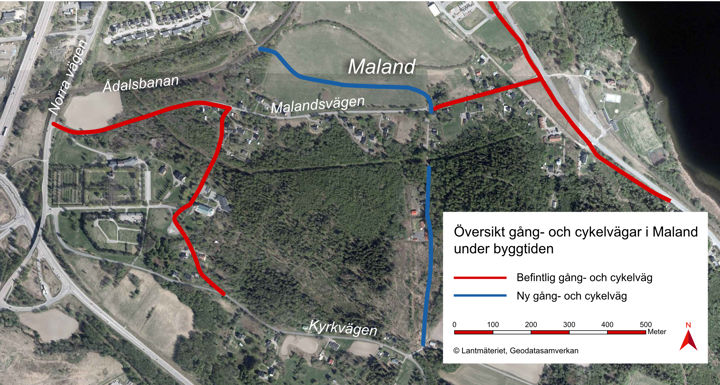 Karta över gång- och cykelvägar i Maland.
