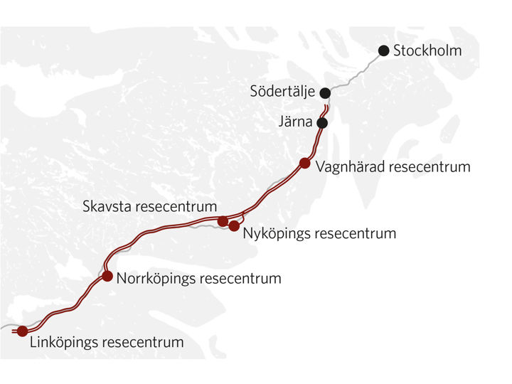 Kartan visar Ostlänkens sträckning från Järna till Linköping.