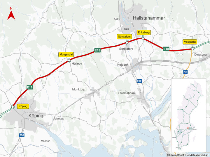 Karta över E18 mellan Köping och Västjädra.