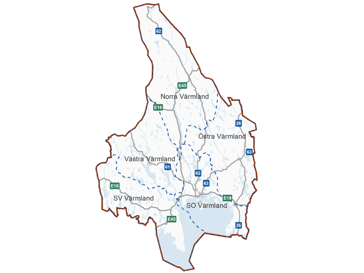 Kartbild över  Värmalnds fem driftområden,  västra, sydöstra, norra, sydvästra och östra Värmland.  västra, sydöstra, norra, sydvästra och östra Värmland. 