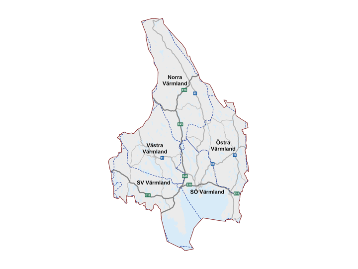 Kartbild över Värmlands fem driftområden, västra, sydöstra, norra, sydvästra och östra Värmland. västra, sydöstra, norra, sydvästra och östra Värmland.