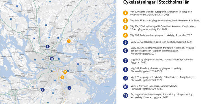 Karta över cykelsatsningar i Stockholm.