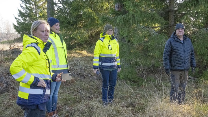 Fyra personer står i skogen med träd bakom sig.