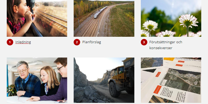 Digital samrådsportal med bilder på olika avsnitt såsom inledning, planförslag, förutsättningar och konsekvenser, fortsatt arbete, byggskede och lämna dina synpunkter