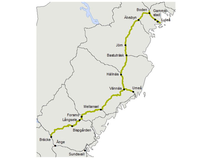 Stambanan genom Övre Norrland sträcker sig från Luleå till Bräcke.
