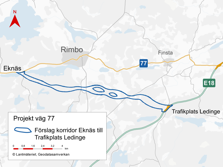 Karta som visar områden för vägkorridorer med blåa linjer.