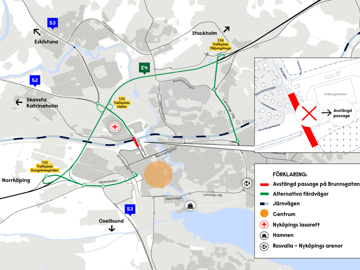 Karta över Nyköping som visar omledningsvägar när vi stänger av Brunnsgatan