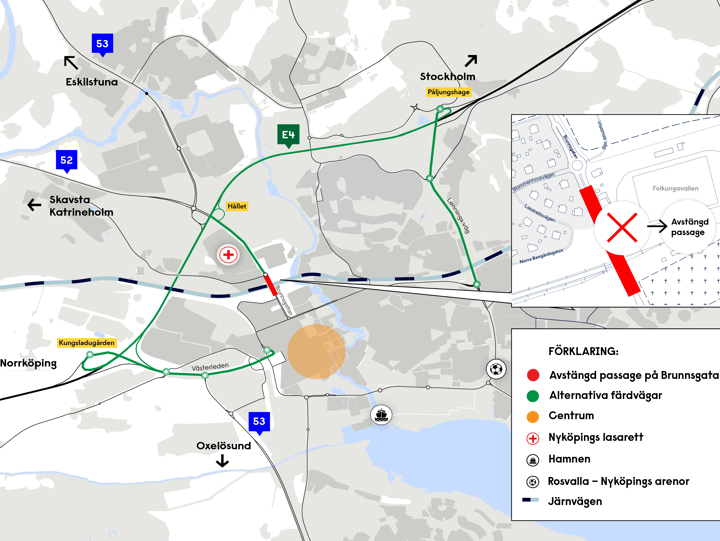 Karta över Nyköping som visar omledningsvägar när vi stänger av Brunnsgatan
