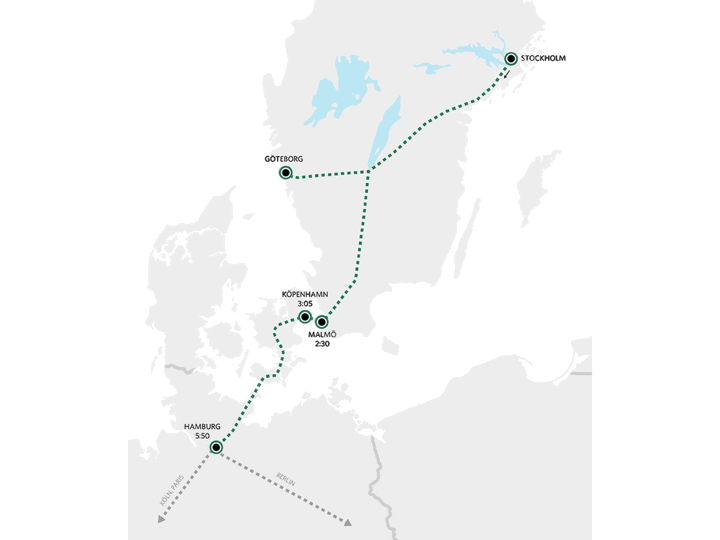 Karta över restider till Europa