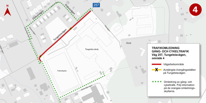 Med start vecka 23 kommer vi stänga av all gång- och cykeltrafik på Tungelstavägen mellan Diskusvägen och Södertäljevägen