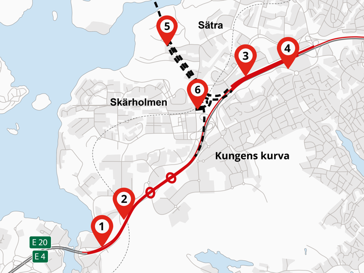 Karta som visar vilka områden man jobbar i runt Kungens Kurva
