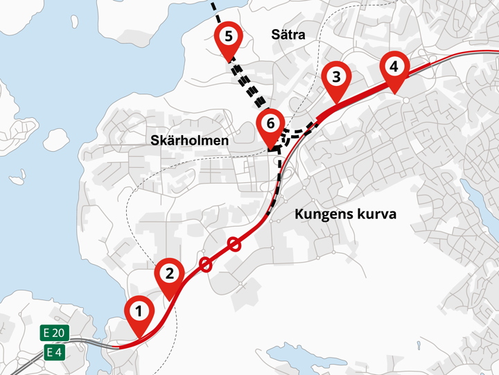 Karta som visar vilka områden man jobbar i runt Kungens Kurva