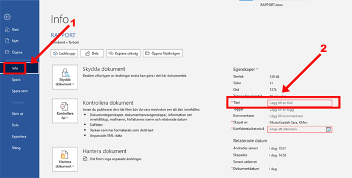 Skärmdump på placering av "Info" och "Titel" i Word.