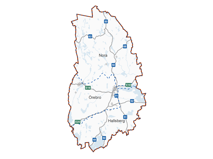 Kartbild över Örebros fyra driftområden Nora, Örebro, Hallsberg och Arboga.