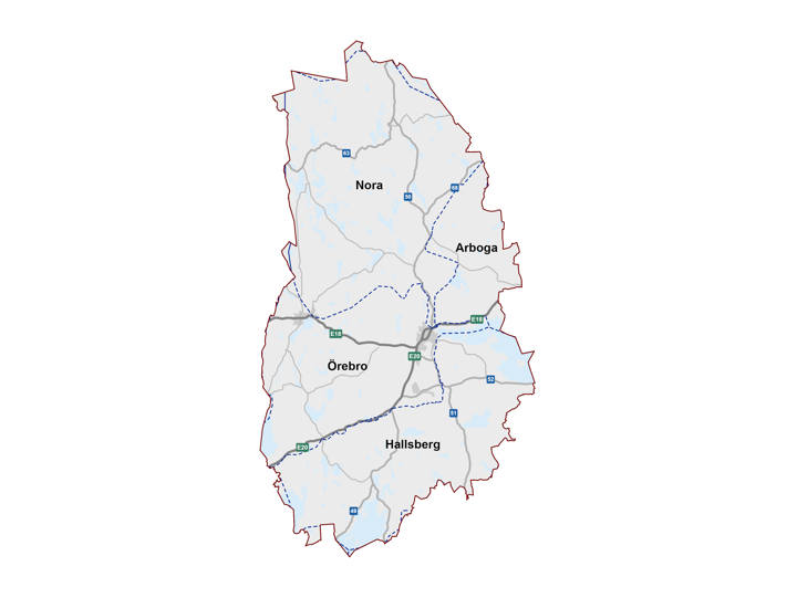 Kartbild över Örebros fyra driftområden Nora, Örebro, Hallsberg och Arboga.